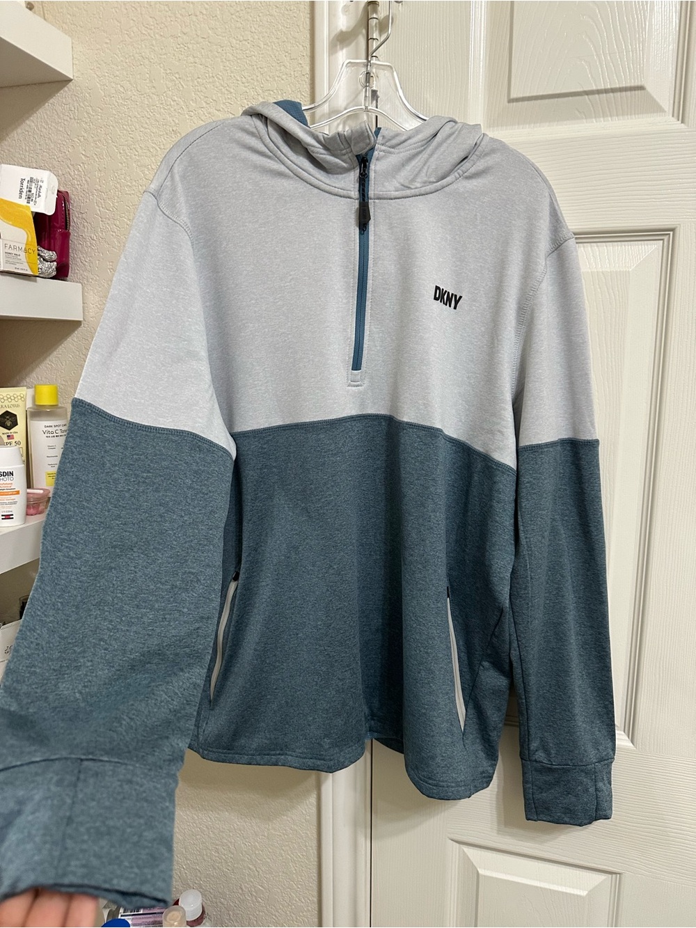Dkny Two-Tone Light Gray and Teal Zip-Up Hoodie Sweater